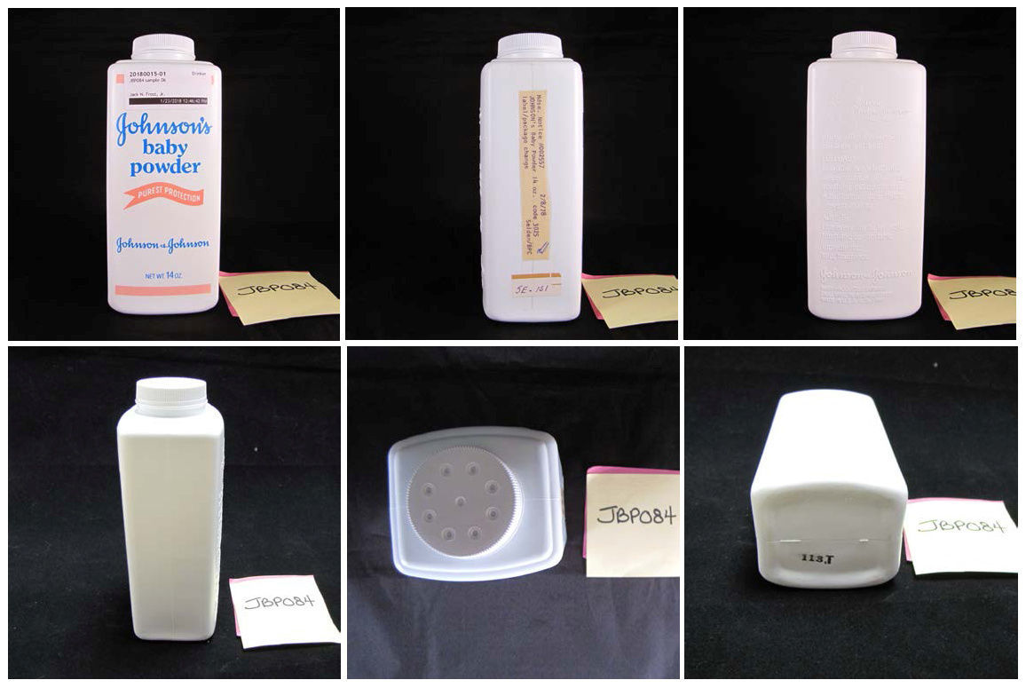 A combination of handout photographs used in a report analyzing a sample of Johnson's Baby Powder from 1978, entered in court as a plaintiff's exhibit in a case against Johnson&Johnson, is pictured in this handout photo